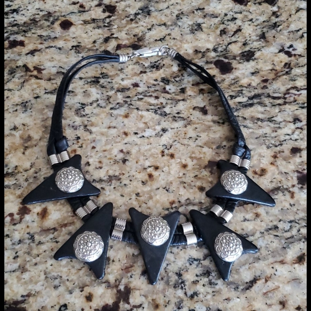 Unique black leather choker necklace